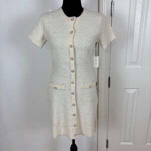 Mila Mae Ivory Tweed Knit Dress Pearl Button Short Sleeve XS Career NWT